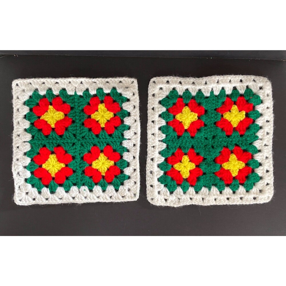 Vintage Lot of 2 Crochet Granny Square 8" Pot Holders Hot Pads Trivets Christmas